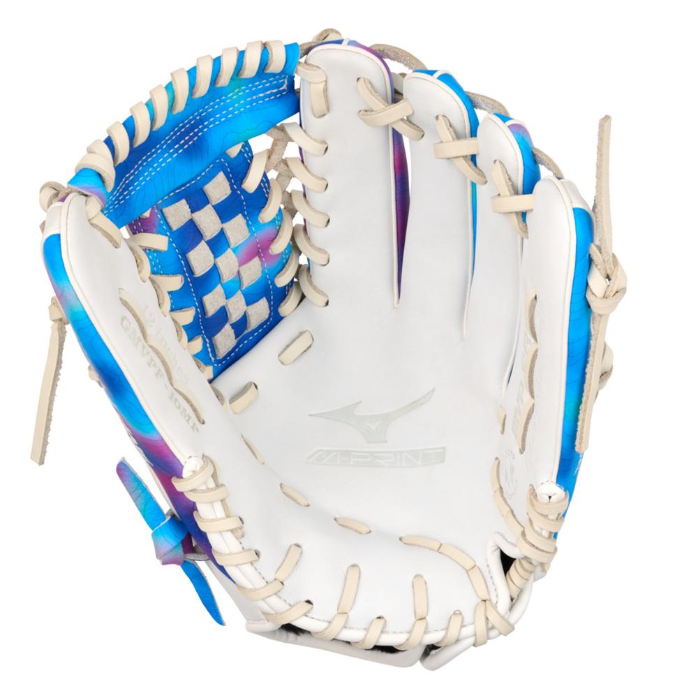 A close-up of the Mizuno MVP Prime M-Print 12" Fastpitch Glove (GMVPF-10MP) shows blue and purple accents, tan laces, a woven web, and the Mizuno logo on the palm, emphasizing its M-Print technology.