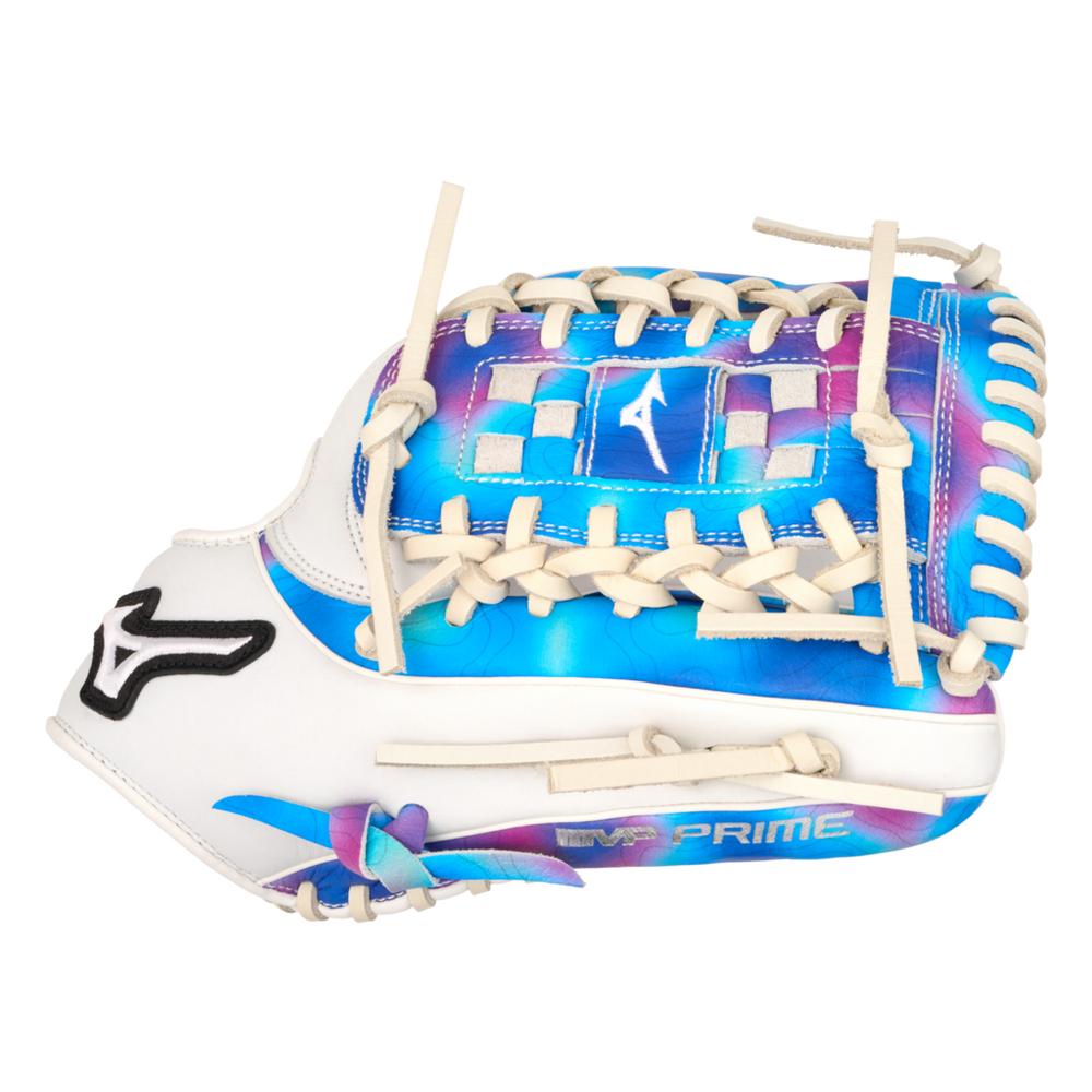 The Mizuno MVP Prime M-Print 12" Fastpitch Glove (GMVPF-10MP, 313353) features a white base, blue and purple accents, cream laces, and the Mizuno logo with "PRIME" in silver by the thumb for standout style and performance.