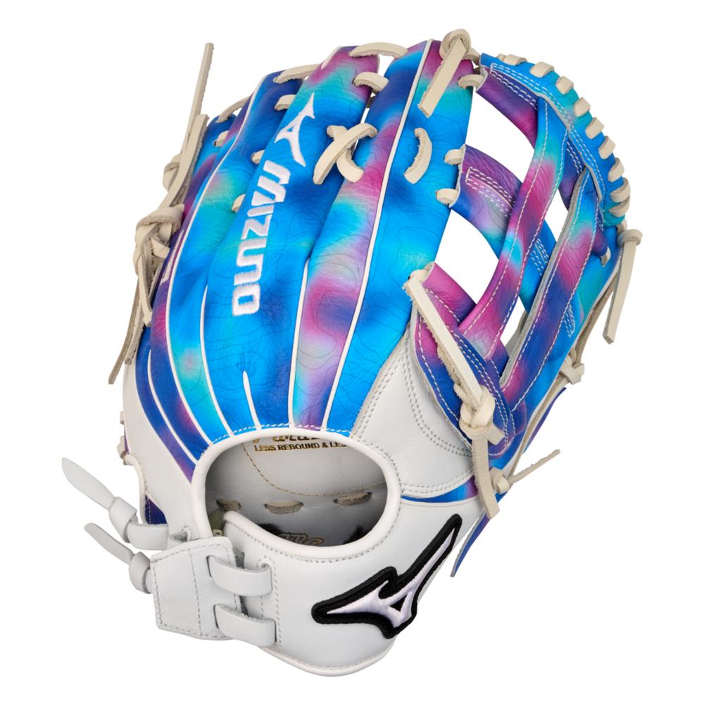 The Mizuno MVP Prime M-Print 12.5" Fastpitch Glove (GMVPF-60MP) features a blue, purple, and pink gradient, white laces, open web pattern, M-Print tech, mixed leather textures, and the Mizuno logo on the thumb.