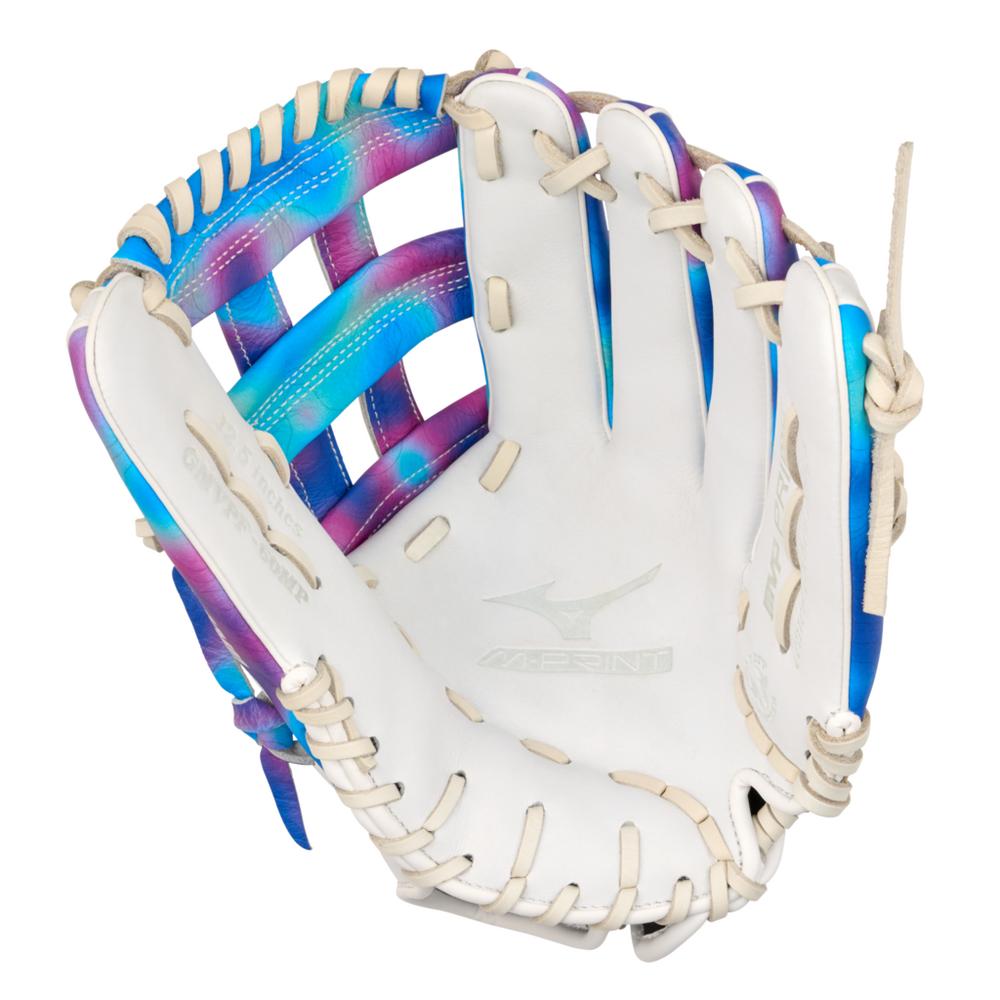 The Mizuno MVP Prime M-Print 12.5" Fastpitch Glove (GMVPF-60MP) features a white design with blue, purple, and pink accents, tan laces, bold Mizuno logo on the palm, an open view of its interior, and advanced M-Print technology.