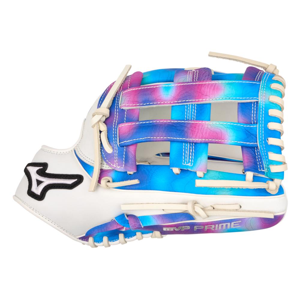 The Mizuno MVP Prime M-Print 12.5" Fastpitch Glove (GMVPF-60MP) features a white base with blue, purple, and pink accents, a woven web design, M-Print tech for superior fit, and “PRIME” on the side.