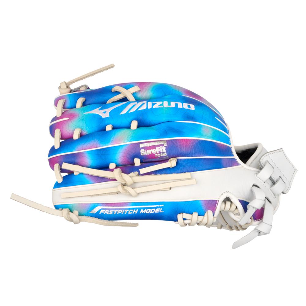 The Mizuno MVP Prime M-Print 12.5" Fastpitch Glove (GMVPF-60MP) features a white leather base with blue, purple, and pink tie-dye accents, SureFit Foam, M-Print technology, Fastpitch Model labeling, and Mizuno branding.