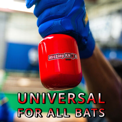 A person in blue gloves holds a red Hitting Knob Bat Weight by Hitting Knob, a leading baseball training aid. Bold text at the bottom reads: Universal for all bats. The background is blurred.