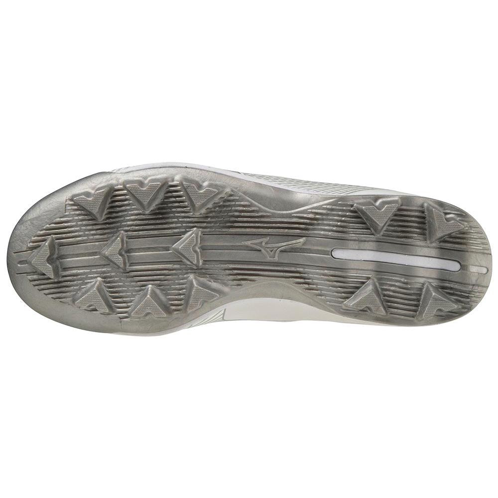 The image displays the underside of the Mizuno Finch Lightrevo TPU Women's Molded Fastpitch Softball Cleats (320665), featuring a translucent sole with multiple triangular cleats and a textured pattern for enhanced traction.