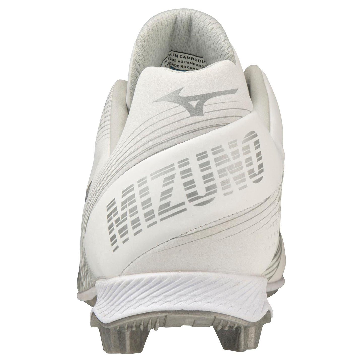 Rear view of a white Mizuno Finch Lightrevo TPU Women's Molded Fastpitch Softball Cleat, accented in gray with bold Mizuno logo on heel and molded sole—a Jennie Finch-inspired style designed for standout performance.
