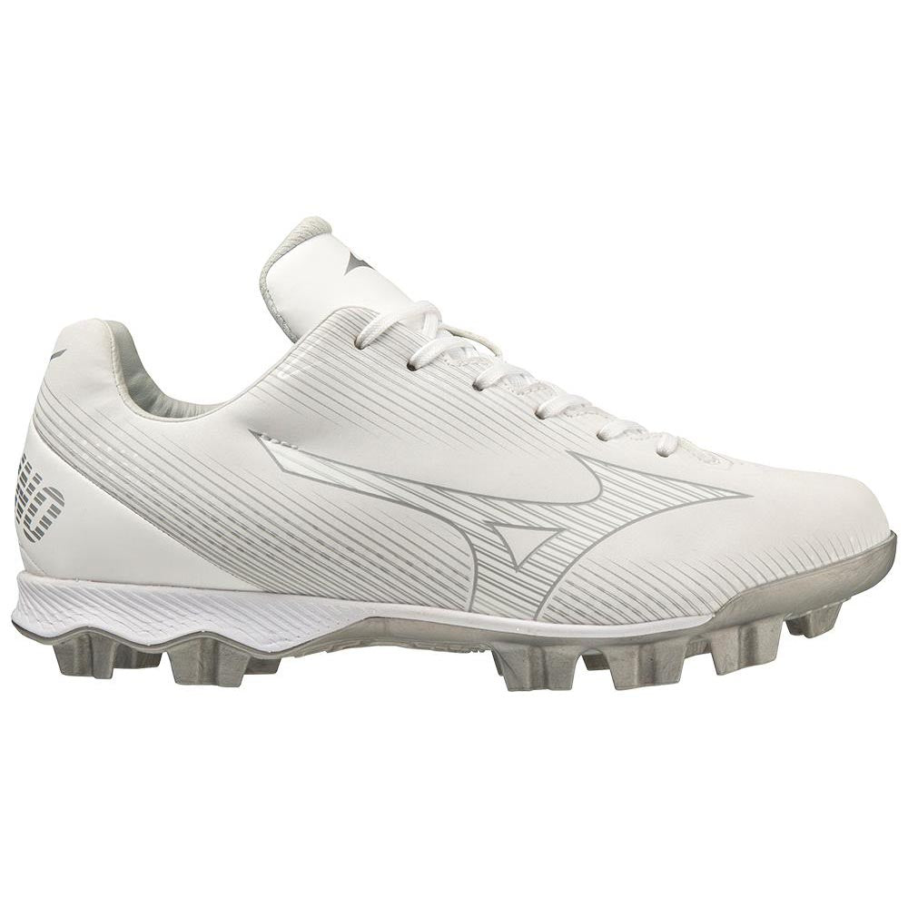The Mizuno Finch Lightrevo TPU Women's Molded Fastpitch Softball Cleats (320665) feature a sleek white design with silver accents and studs, inspired by Jennie Finch, and display the Mizuno logo on the side.