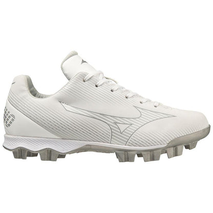 The Mizuno Finch Lightrevo TPU Women's Molded Fastpitch Softball Cleats (320665) feature a sleek white design with silver accents and studs, inspired by Jennie Finch, and display the Mizuno logo on the side.