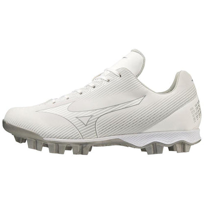 A Mizuno Finch Lightrevo TPU Women's Molded Fastpitch Softball Cleat (320665) in white with grey accents and studs, shown from the side against a plain white background.