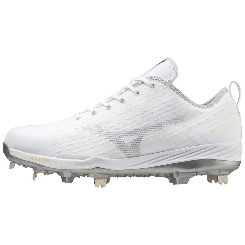 The Mizuno Dominant 4 Men's Metal Baseball Cleats (320667) feature a woven knit upper, lace-up closure, durable metal spikes, subtle branding, and a heel loop for easy on and off.