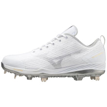 The Mizuno Dominant 4 Men's Metal Baseball Cleats (320667) feature a woven knit upper, lace-up closure, durable metal spikes, subtle branding, and a heel loop for easy on and off.