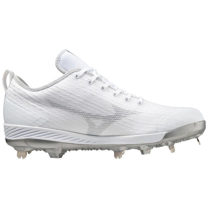 The Mizuno Dominant 4 Men's Metal Baseball Cleats (320667) feature a woven knit upper in white with subtle gray logos, silver accents, and metal spikes, all shown in a side profile against a plain background.