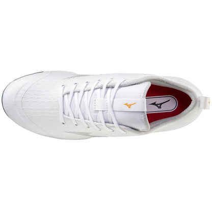 A white tennis shoe with a woven knit upper, inspired by the Mizuno Dominant 4 Men’s Metal Baseball Cleats (320667) from Mizuno, and featuring a yellow and red sole.