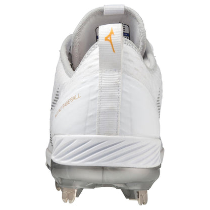 Rear view of Mizuno Dominant 4 Men's Metal Baseball Cleats (320667) with a white woven knit upper, gray sole, silver metal spikes, heel pull tab with gold logo, and "WORLD BASEBALL" text on the side. Brand: Mizuno.