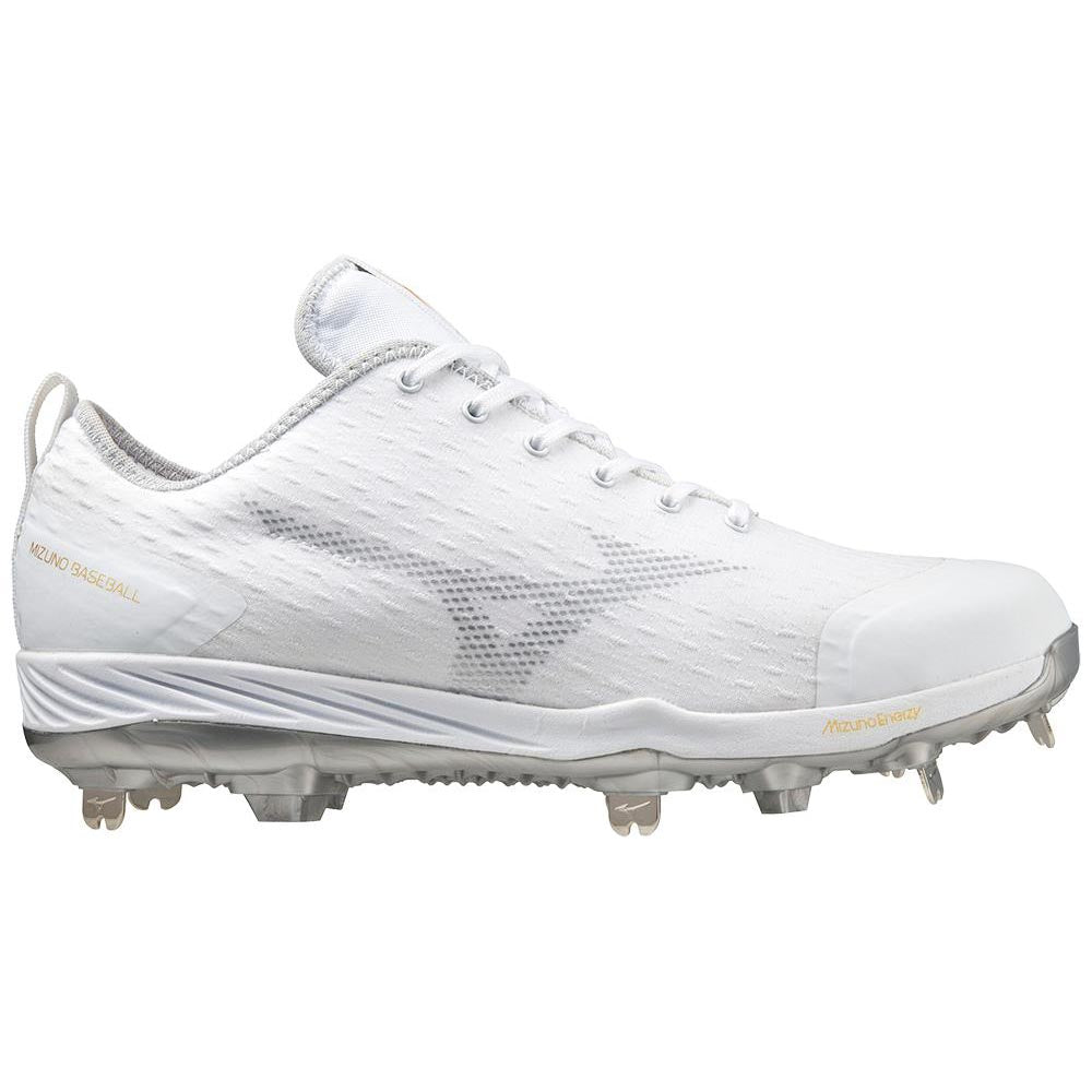 The Mizuno Dominant 4 Men's Metal Baseball Cleats (320667) feature a woven knit upper, subtle gray accents, textured side pattern, metal spikes, and "Mizuno Baseball" in gold near the heel.
