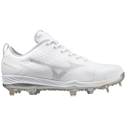 The Mizuno Dominant 4 Men's Metal Baseball Cleats (320667) feature a woven knit upper, subtle gray accents, textured side pattern, metal spikes, and "Mizuno Baseball" in gold near the heel.