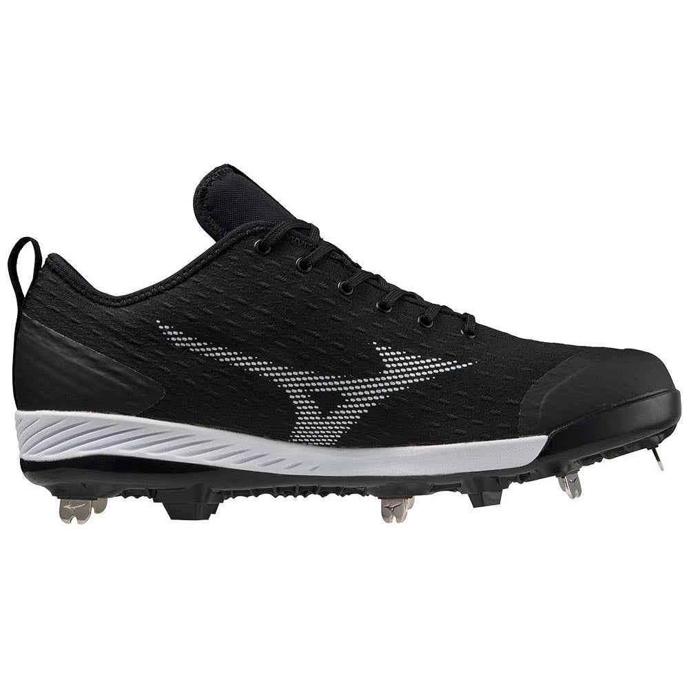 The Mizuno Dominant 4 Men's Metal Baseball Cleats (320667) feature a black, low-cut design with white accents, a durable woven knit upper, metal spikes, lace-up front, and a white Mizuno logo.