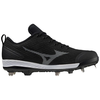 The Mizuno Dominant 4 Men's Metal Baseball Cleats (320667) feature a black, low-cut design with white accents, a durable woven knit upper, metal spikes, lace-up front, and a white Mizuno logo.
