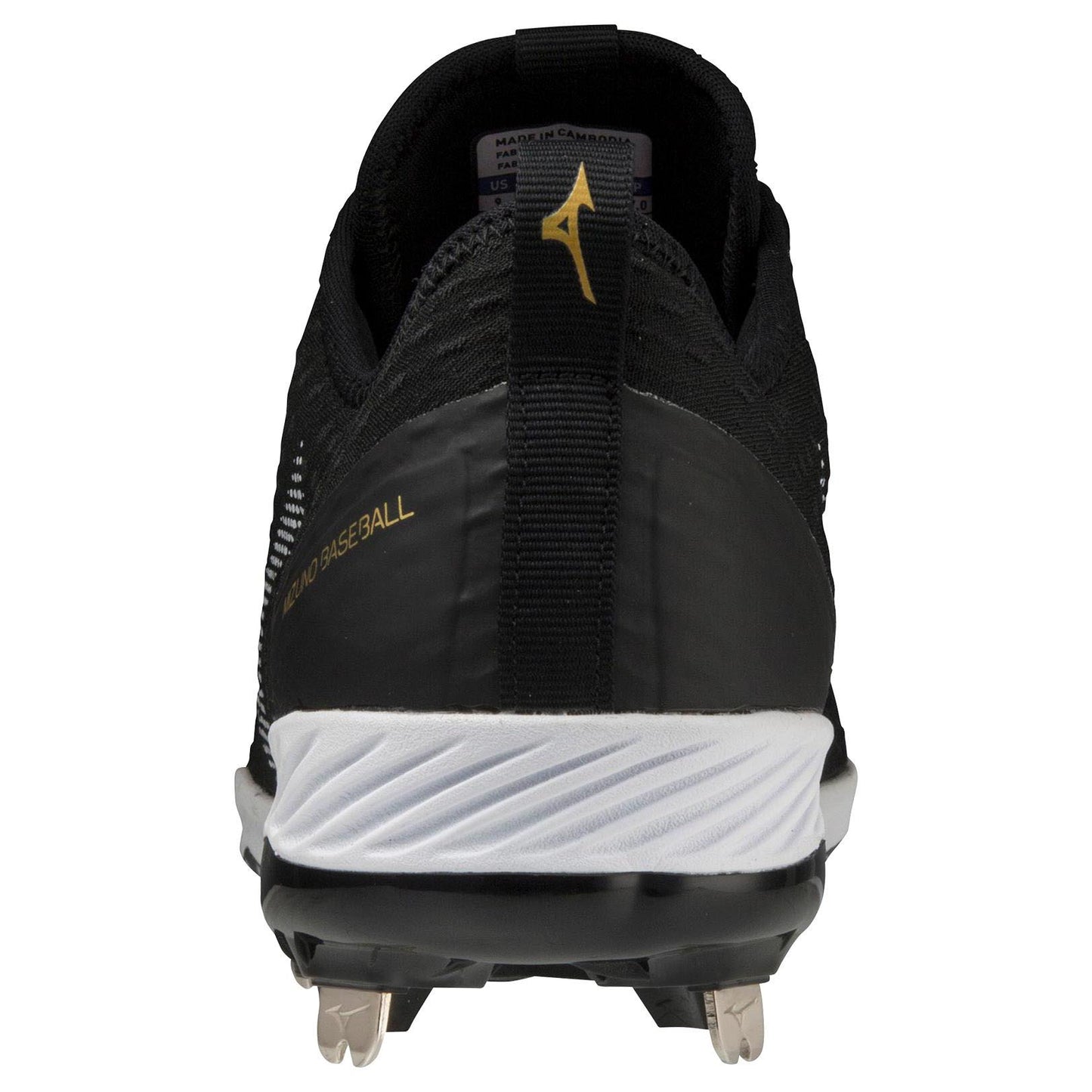Rear view of black Mizuno Dominant 4 Men's Metal Baseball Cleats (320667) with a woven knit upper, white sole, silver metal spikes, gold Mizuno logo, and "MIZUNO BASEBALL" lettering on the side.