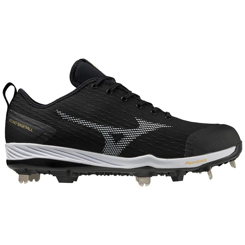 The Mizuno Dominant 4 Men's Metal Baseball Cleats (320667) are black with white accents, feature a woven knit upper, lace-up design, metal spikes, and "Mizuno Baseball" text by the heel on a white sole.