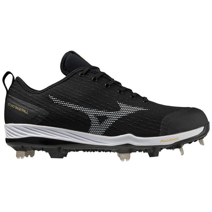 The Mizuno Dominant 4 Men's Metal Baseball Cleats (320667) are black with white accents, feature a woven knit upper, lace-up design, metal spikes, and "Mizuno Baseball" text by the heel on a white sole.