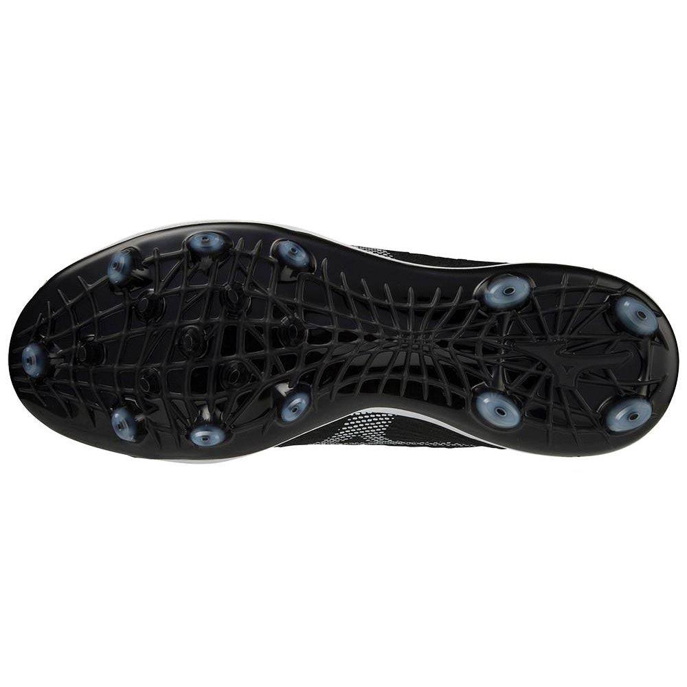 The image displays the black sole of Mizuno Dominant 4 Men's TPU Molded Baseball Cleats (320670), with a web-like pattern and eleven round, light blue studs for traction.