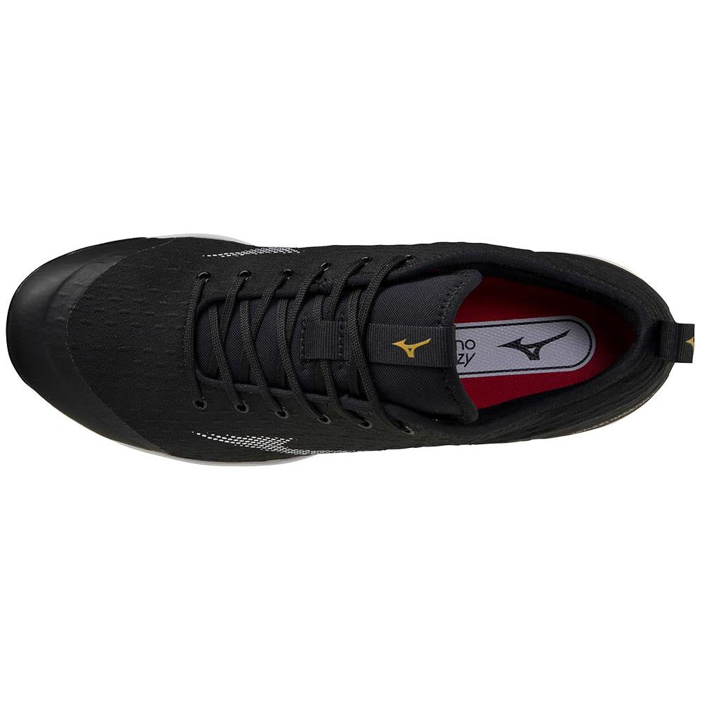 Top view of the Mizuno Dominant 4 Men's TPU Molded Baseball Cleats (320670) by Mizuno, with black laces, a white and red insole displaying the Mizuno logo, and a small gold Mizuno logo on the tongue.