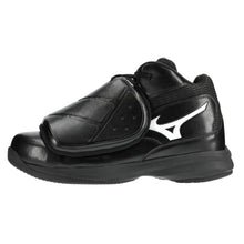 The Mizuno Pro Wave Umpire Plate Shoes (320693) by Mizuno are black with a white logo, featuring toe protection and responsive Mizuno Enerzy cushioning for all-day comfort on the field.