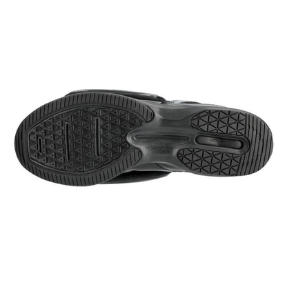 The image shows the bottom view of the Mizuno Pro Wave Umpire Plate Shoes (320693) by Mizuno, featuring a black sole with geometric tread patterns, textured rubber grip zones, and enhanced toe protection.
