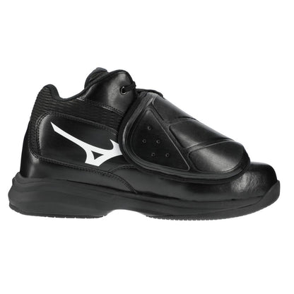 The Mizuno Pro Wave Umpire Plate Shoes (320693) by Mizuno are black shoes with a thick sole, high ankle support, protective lace flap, toe protection, and a white angular side logo.