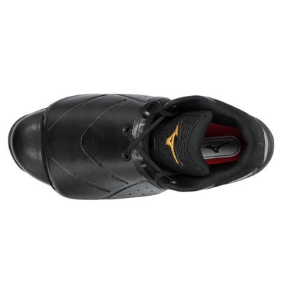 The Mizuno Pro Wave Umpire Plate Shoes (320693) are black with a yellow logo, featuring Mizuno Enerzy cushioning and enhanced toe protection.