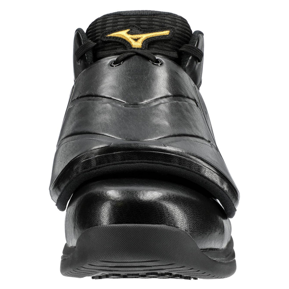 Front view of Mizuno Pro Wave Umpire Plate Shoes (320693) in black, with toe protection, thick top strap, gold Mizuno logo on the tongue, and a textured rubber sole.