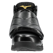 Front view of Mizuno Pro Wave Umpire Plate Shoes (320693) in black, with toe protection, thick top strap, gold Mizuno logo on the tongue, and a textured rubber sole.