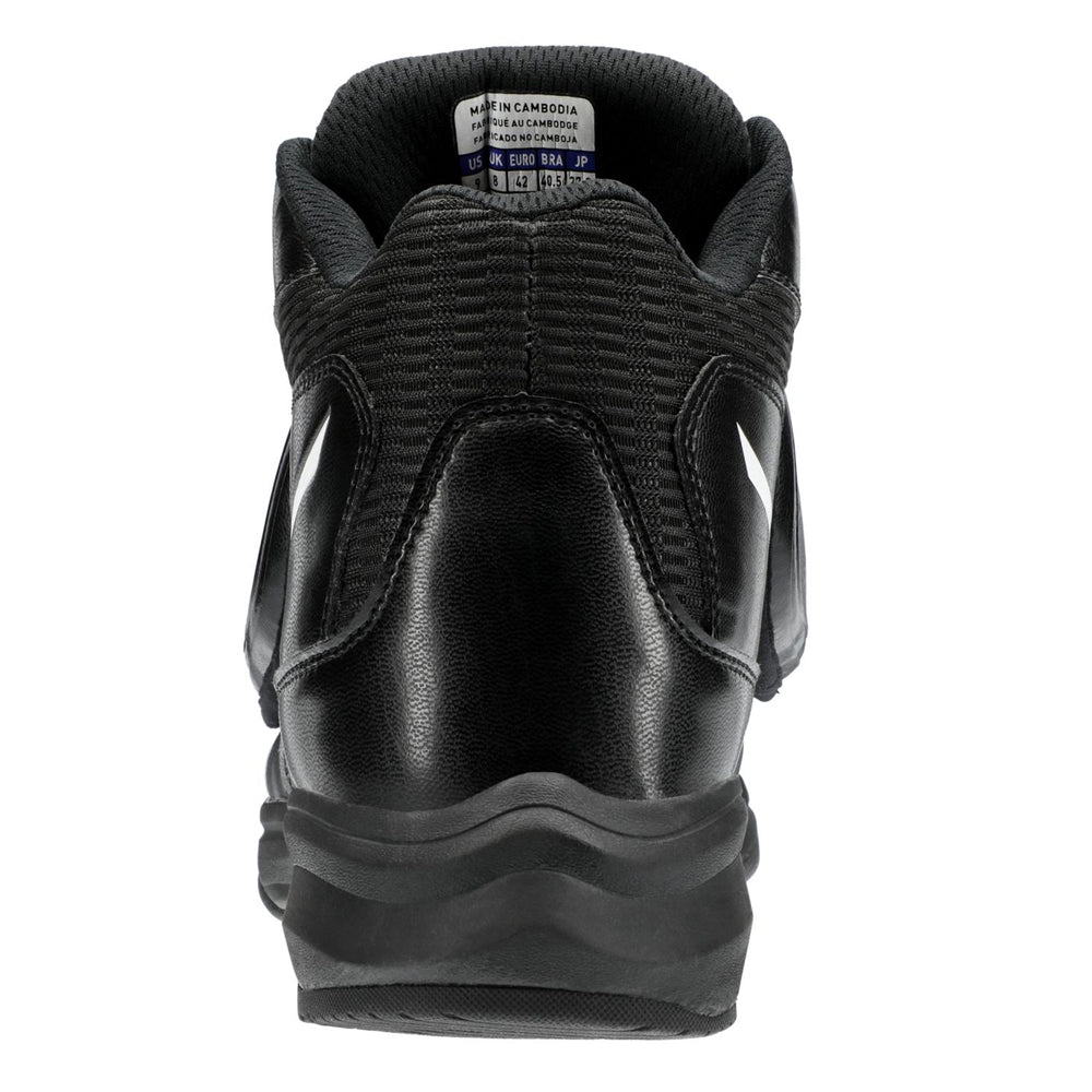Rear view of the black Mizuno Pro Wave Umpire Plate Shoe (320693) with a padded collar, textured heel, interior size label, wavy Mizuno Enerzy sole, and white accents for comfort and style during demanding games.
