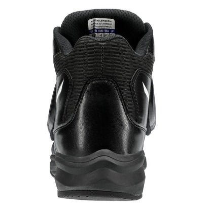 Rear view of the black Mizuno Pro Wave Umpire Plate Shoe (320693) with a padded collar, textured heel, interior size label, wavy Mizuno Enerzy sole, and white accents for comfort and style during demanding games.