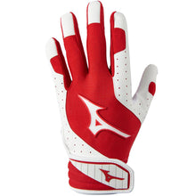 A red and white Mizuno Finch Women's Batting Glove (330427) with a Mizuno logo on the back and FlexMesh material, shown palm-down against a white background.