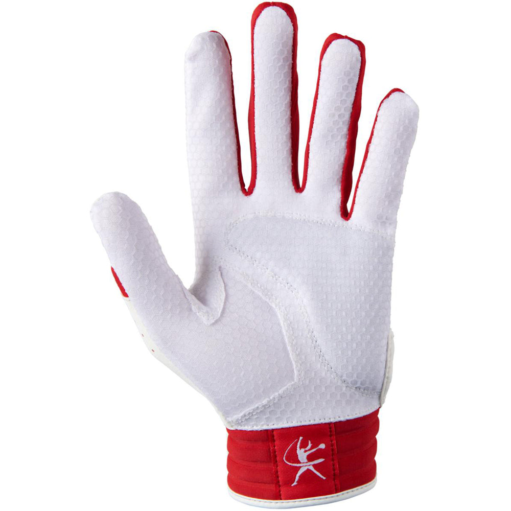 A Mizuno Finch Women's Batting Glove (330427) is shown palm up, featuring a white design with red trim, textured surface, and a red wristband with white deer antler logo. FlexMesh material at the wrist enhances flexibility.
