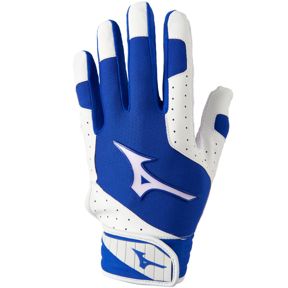 The Mizuno Finch Women's Batting Gloves: 330427 feature blue and white colors, a velcro strap, breathable FlexMesh panels, perforated fingers, and the Mizuno logo on the back of the hand.