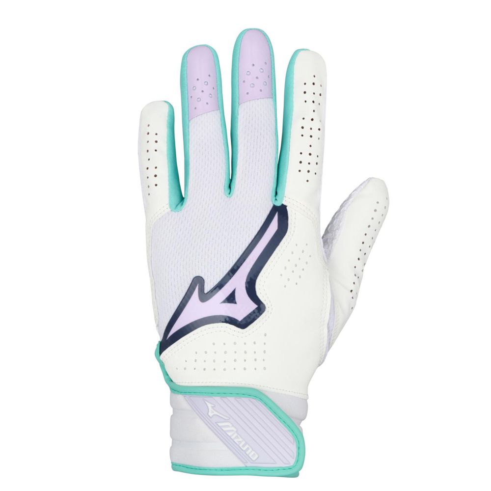 The Mizuno Finch Women's Batting Glove (330464) by Mizuno features a white design with teal trim, lavender accents, and breathable perforations. The palm-down display shows its bold logo and secure Velcro wrist strap, inspired by Jennie Finch.