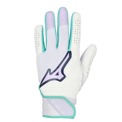 The Mizuno Finch Women's Batting Glove (330464) by Mizuno features a white design with teal trim, lavender accents, and breathable perforations. The palm-down display shows its bold logo and secure Velcro wrist strap, inspired by Jennie Finch.
