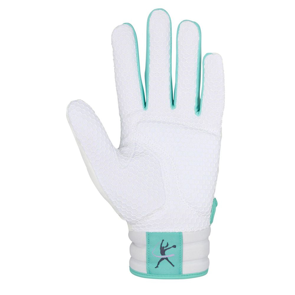 The Mizuno Finch Women's Batting Gloves (330464) by Mizuno are white with a textured pattern, teal trim on the fingers, and a teal wrist strap featuring an athletic logo. Displayed palm-up against a plain backdrop.