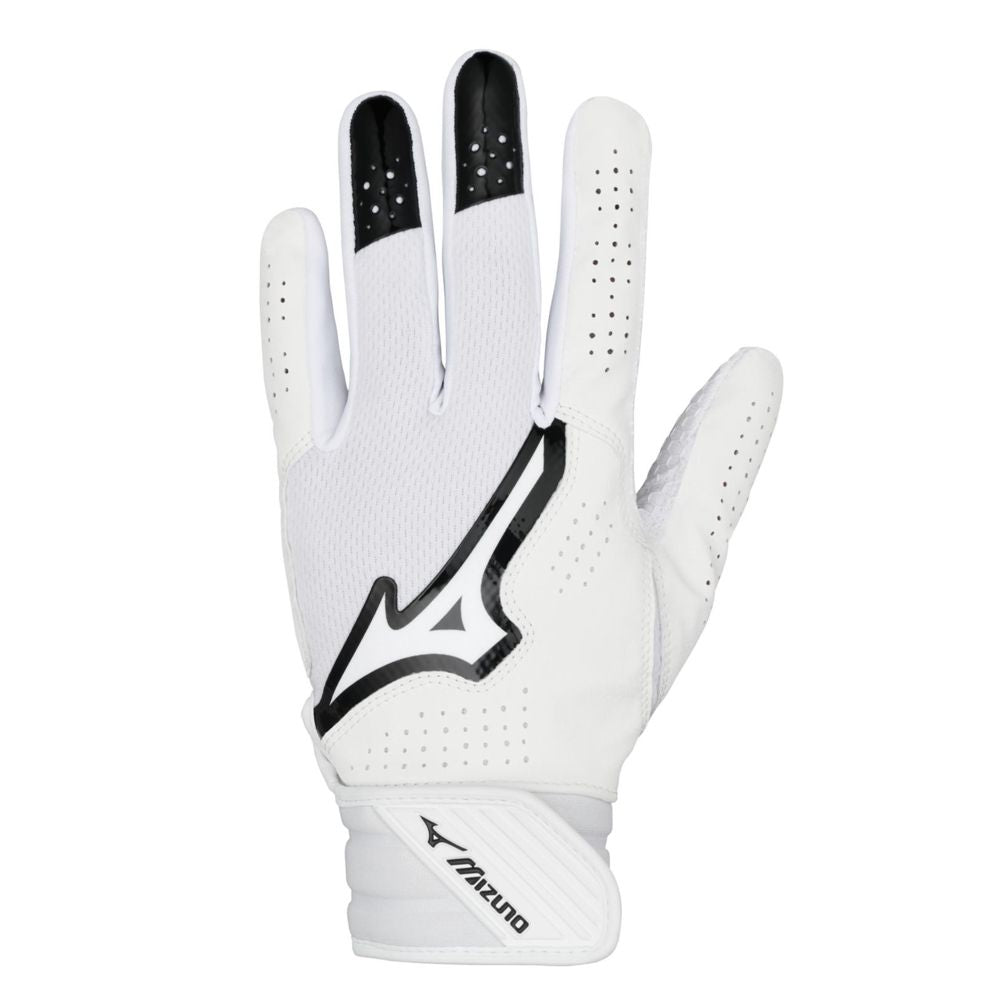 The Mizuno Finch Women's Batting Gloves (330464) feature a white design with black accents, mesh back, perforated fingers for breathability, and a velcro wrist strap with the Mizuno logo—ideal for players inspired by Jennie Finch.