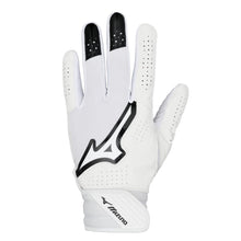 The Mizuno Finch Women's Batting Gloves (330464) feature a white design with black accents, mesh back, perforated fingers for breathability, and a velcro wrist strap with the Mizuno logo—ideal for players inspired by Jennie Finch.
