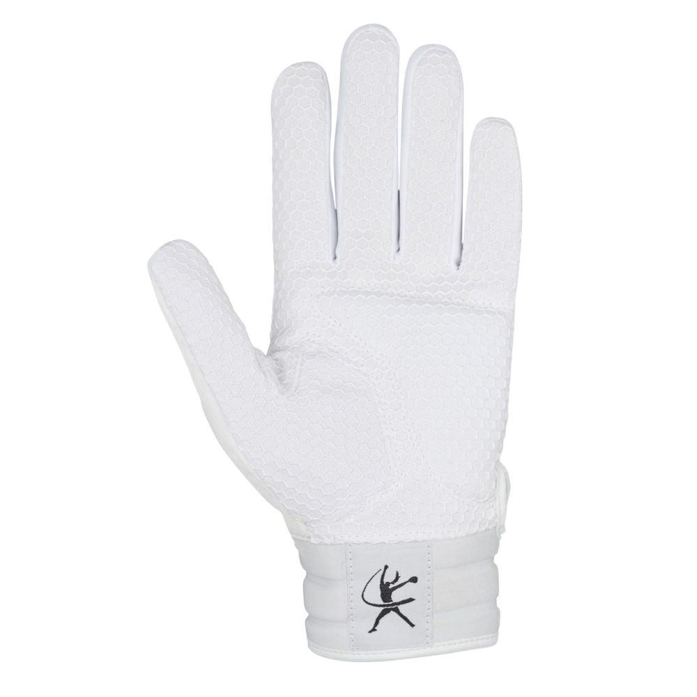 A white Mizuno Finch Women's Batting Glove (330464) with a textured grip is shown palm up, featuring a black stylized deer head logo on the wrist strap.