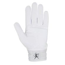 A white Mizuno Finch Women's Batting Glove (330464) with a textured grip is shown palm up, featuring a black stylized deer head logo on the wrist strap.