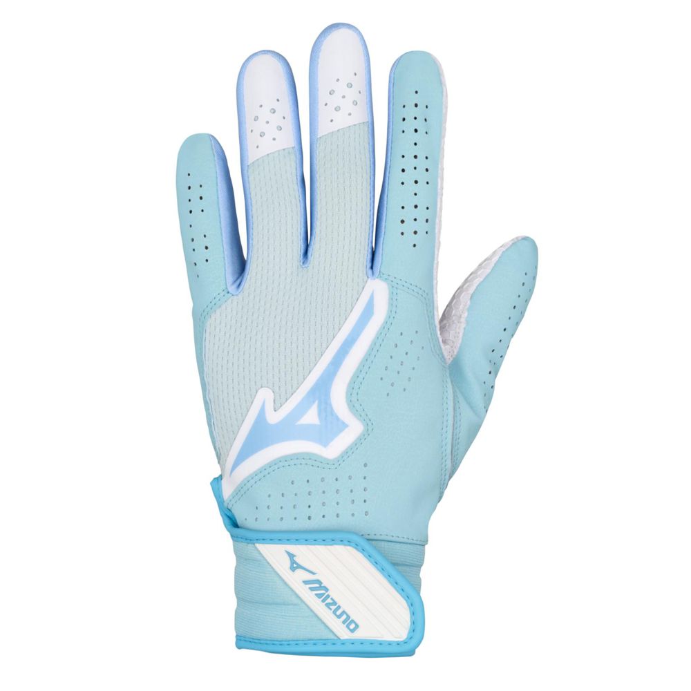 A light blue Mizuno Finch Women's Batting Glove (330464) with white accents, ventilation perforations, and a Velcro strap featuring the Mizuno logo. Displayed palm down, it's inspired by Jennie Finch.