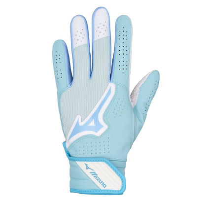 A light blue Mizuno Finch Women's Batting Glove (330464) with white accents, ventilation perforations, and a Velcro strap featuring the Mizuno logo. Displayed palm down, it's inspired by Jennie Finch.
