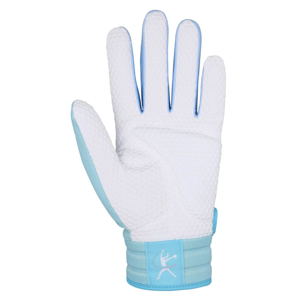 A white and light blue Mizuno Finch Women's Batting Glove (330464) with a textured surface, open palm facing forward, and a small stylized Mizuno logo on the wristband.