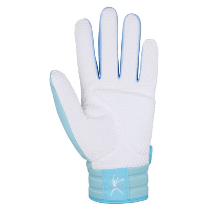 A white and light blue Mizuno Finch Women's Batting Glove (330464) with a textured surface, open palm facing forward, and a small stylized Mizuno logo on the wristband.