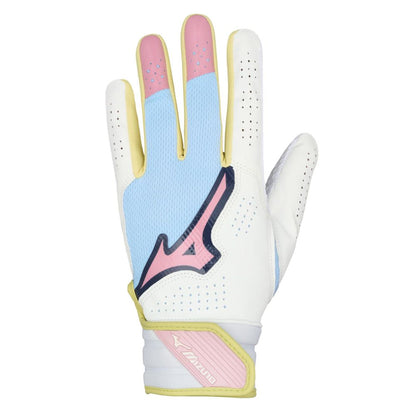 The Mizuno Finch Women's Batting Glove 330464 is a left-handed, white glove with pastel blue, pink, and yellow accents. It features a stylized logo, perforations for breathability, a Velcro wrist strap, and is inspired by Jennie Finch.