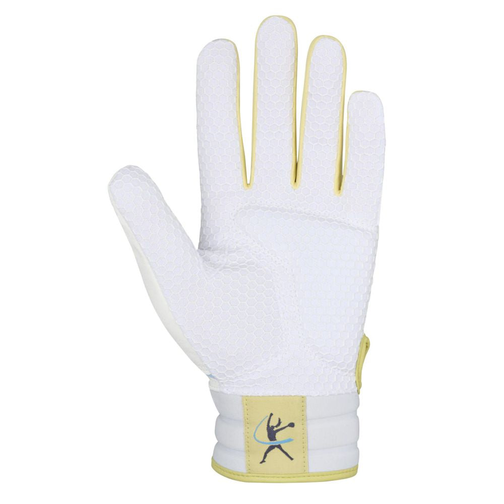 The Mizuno Finch Women's Batting Glove 330464 features a white textured design with light yellow trim and an archer logo on the wrist, shown palm up against a plain background.